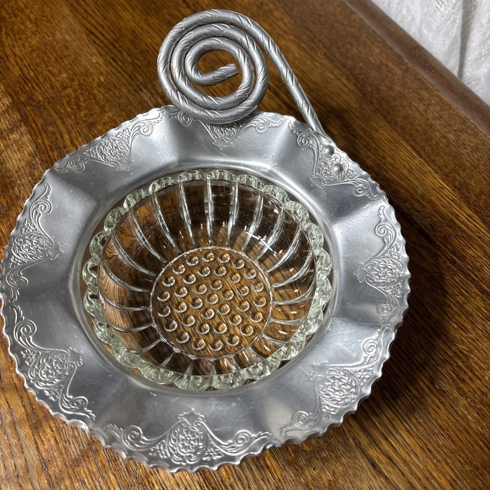 Vintage Metal Rimmed Candy Nut Dish - Ornate - Curved Metal Handle